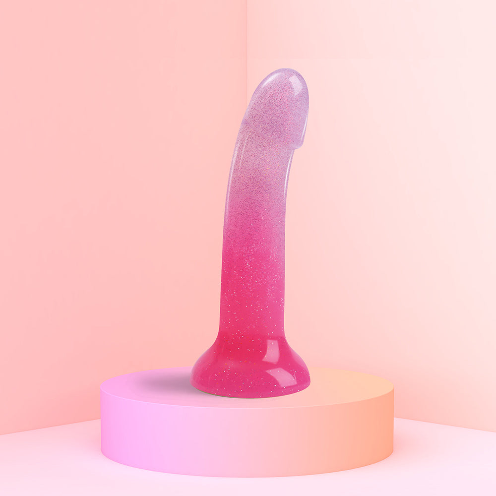 LOVE TO LOVE DILDOLLS SUNRISE  6 IN. SILICONE DILDO WITH MULTICOLOR STAR GLITTER PINK/PURPLE