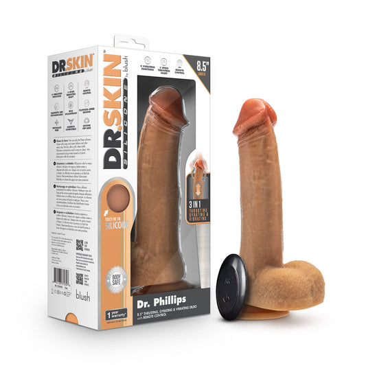 BLUSH - DR. SKIN SILICONE DR. PHILLIPS 8.5 IN. THRUSTING, GYRATING & VIBRATING DILDO WITH REMOTE CONTROL TAN