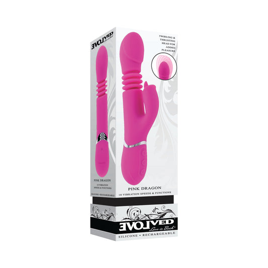 EVOLVED PINK DRAGON RECHARGEABLE THRUSTING DUAL STIMULATOR SILICONE PINK