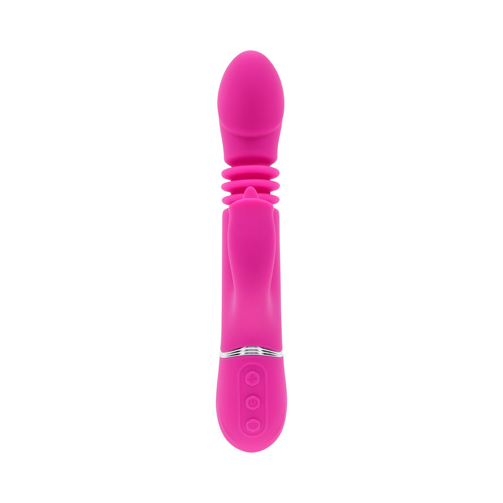 EVOLVED PINK DRAGON RECHARGEABLE THRUSTING DUAL STIMULATOR SILICONE PINK