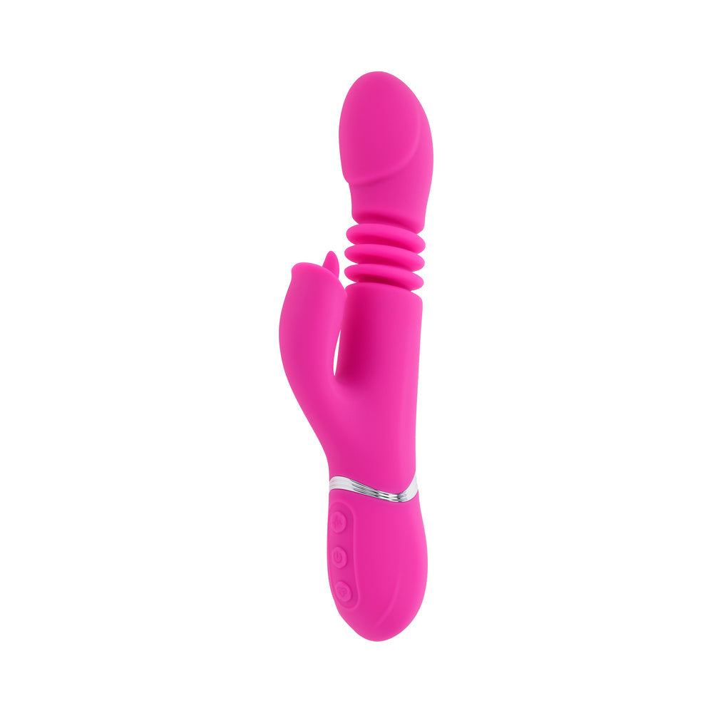 EVOLVED PINK DRAGON RECHARGEABLE THRUSTING DUAL STIMULATOR SILICONE PINK
