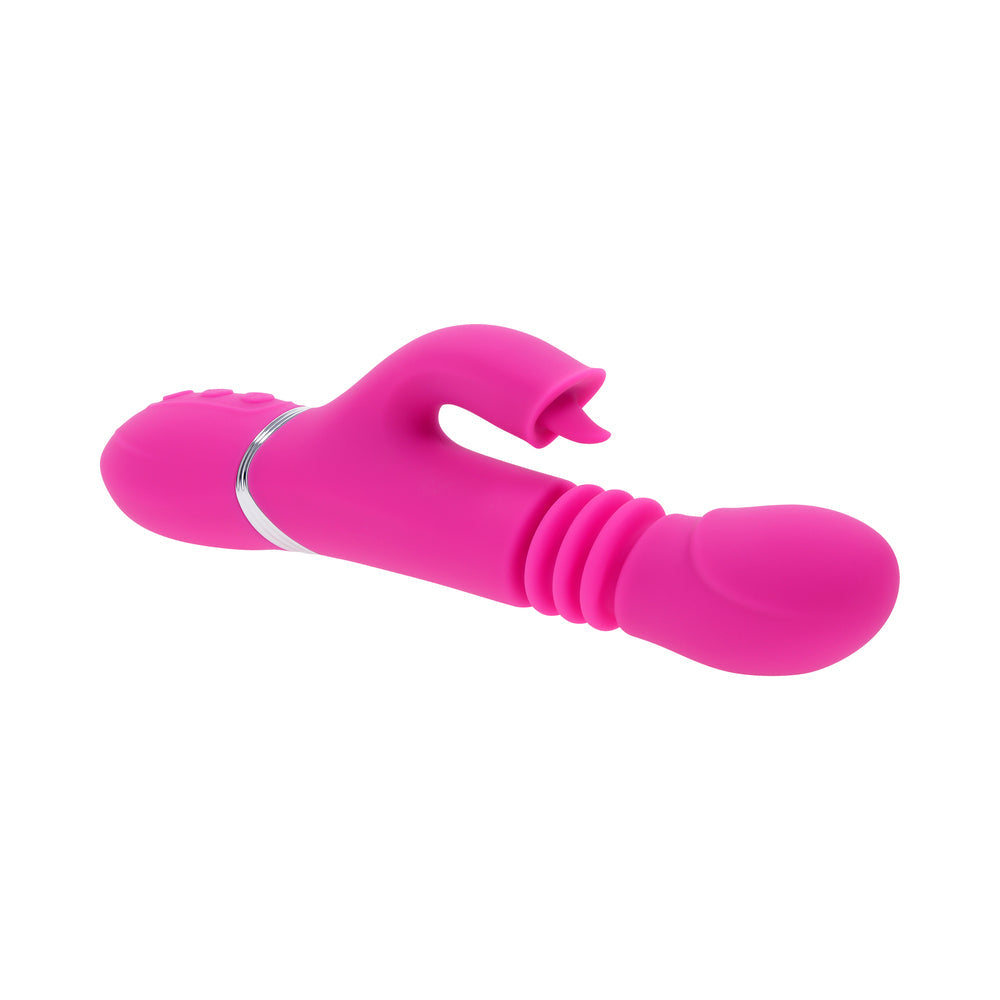 EVOLVED PINK DRAGON RECHARGEABLE THRUSTING DUAL STIMULATOR SILICONE PINK