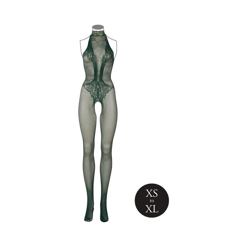 LE DESIR FISHNET AND LACE BODYSTOCKING MIDNIGHT GREEN O/S