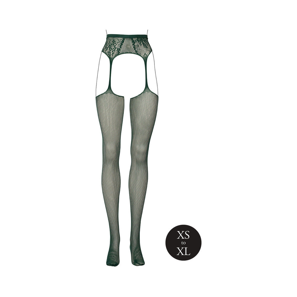LE DESIR FISHNET AND LACE GARTERBELT STOCKINGS MIDNIGHT GREEN O/S