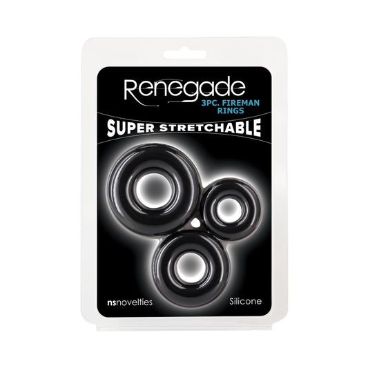 NS NOVELTIES - ANILLOS DE BOMBERO RENEGADE KIT DE 3 ANILLOS PARA PENE NEGRO
