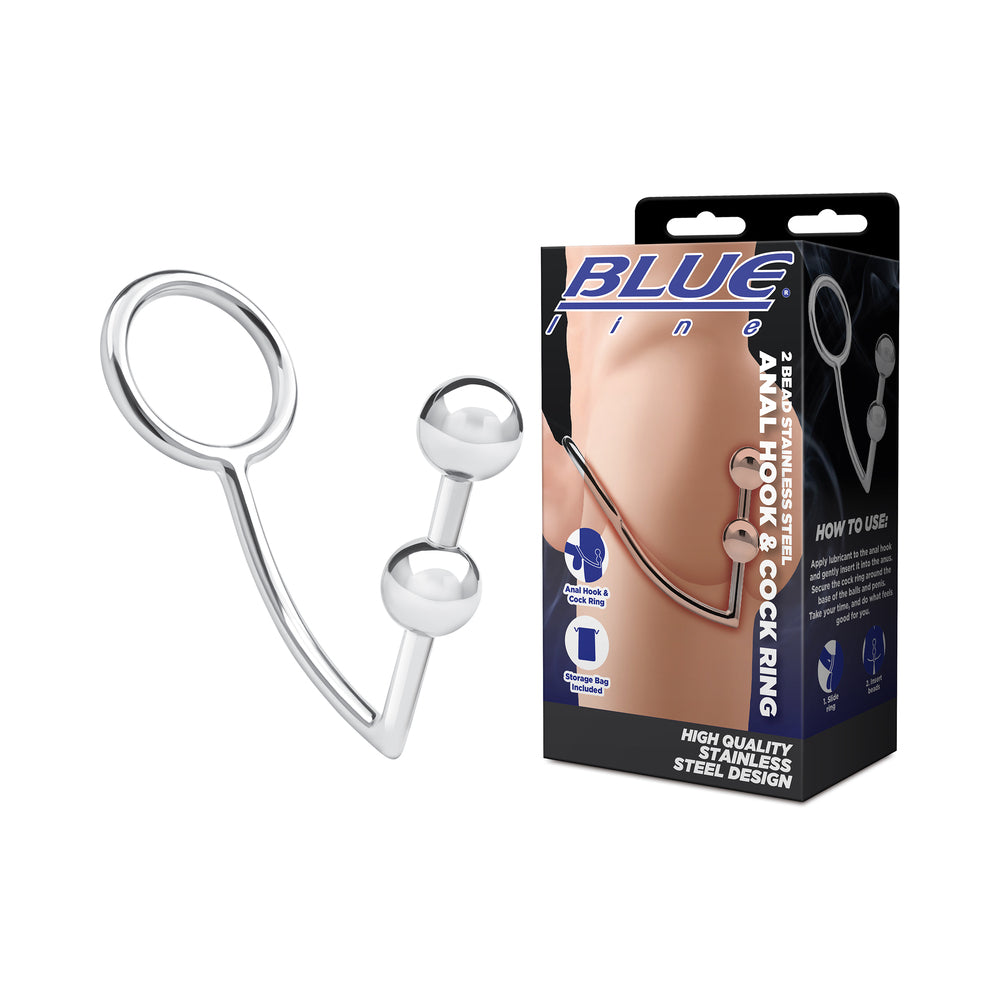BLUE LINE 2 BEAD STAINLESS STEEL ANAL HOOK & COCK RING