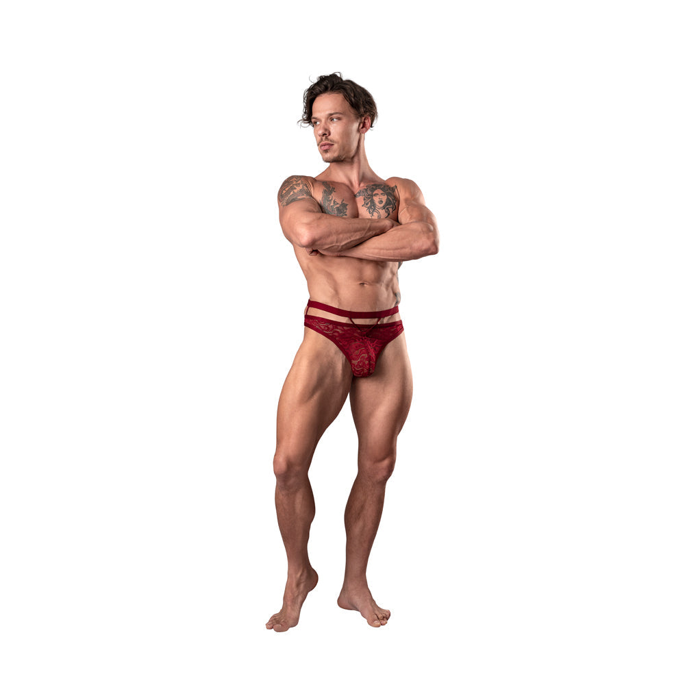 MALE POWER LUCIFER CUT OUT STRAPPY THONG BURGUNDY L/XL