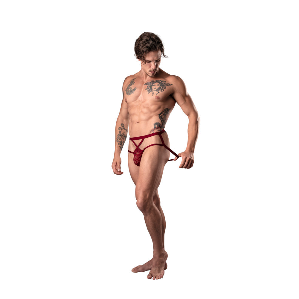 MALE POWER - LUCIFER STRAPPY JOCK BURGUNDY L/XL