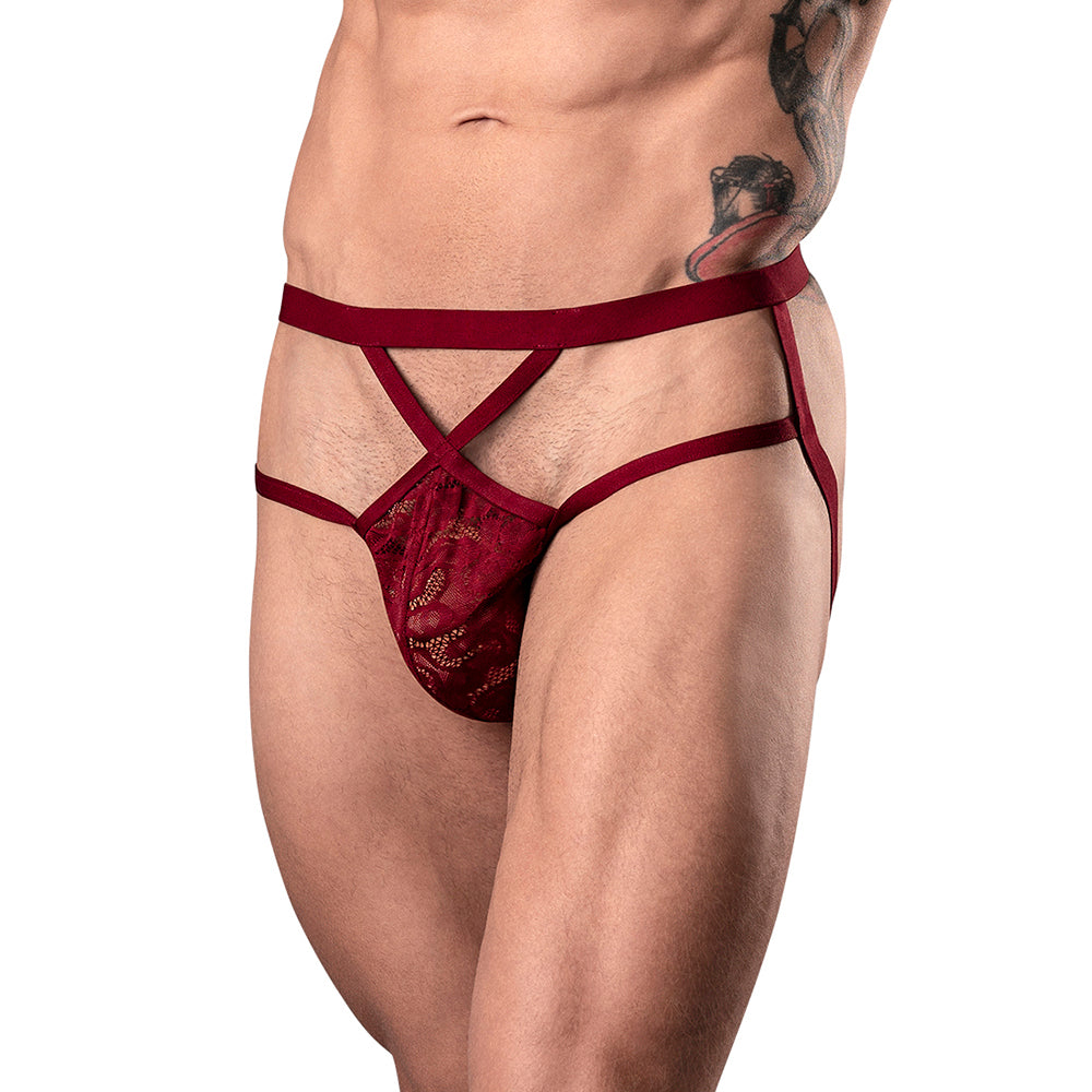 MALE POWER - LUCIFER STRAPPY JOCK BURGUNDY L/XL