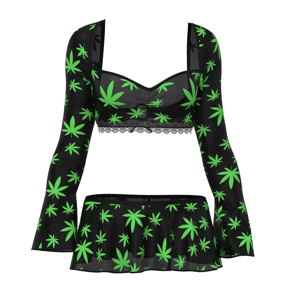 MAGIC SILK HAZY DAYZ CROP TOP, SKIRT & G-STRING SET POT LEAF L/XL