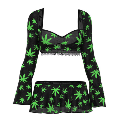MAGIC SILK HAZY DAYZ CROP TOP, SKIRT & G-STRING SET POT LEAF L/XL