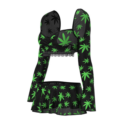 MAGIC SILK HAZY DAYZ CROP TOP, SKIRT & G-STRING SET POT LEAF L/XL