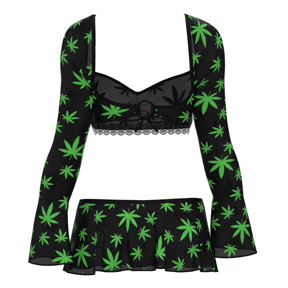 MAGIC SILK HAZY DAYZ CROP TOP, SKIRT & G-STRING SET POT LEAF L/XL