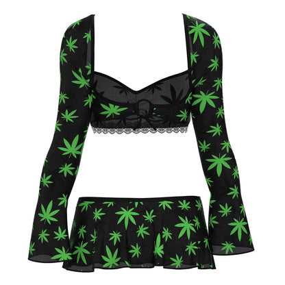 MAGIC SILK HAZY DAYZ CROP TOP, SKIRT & G-STRING SET POT LEAF L/XL