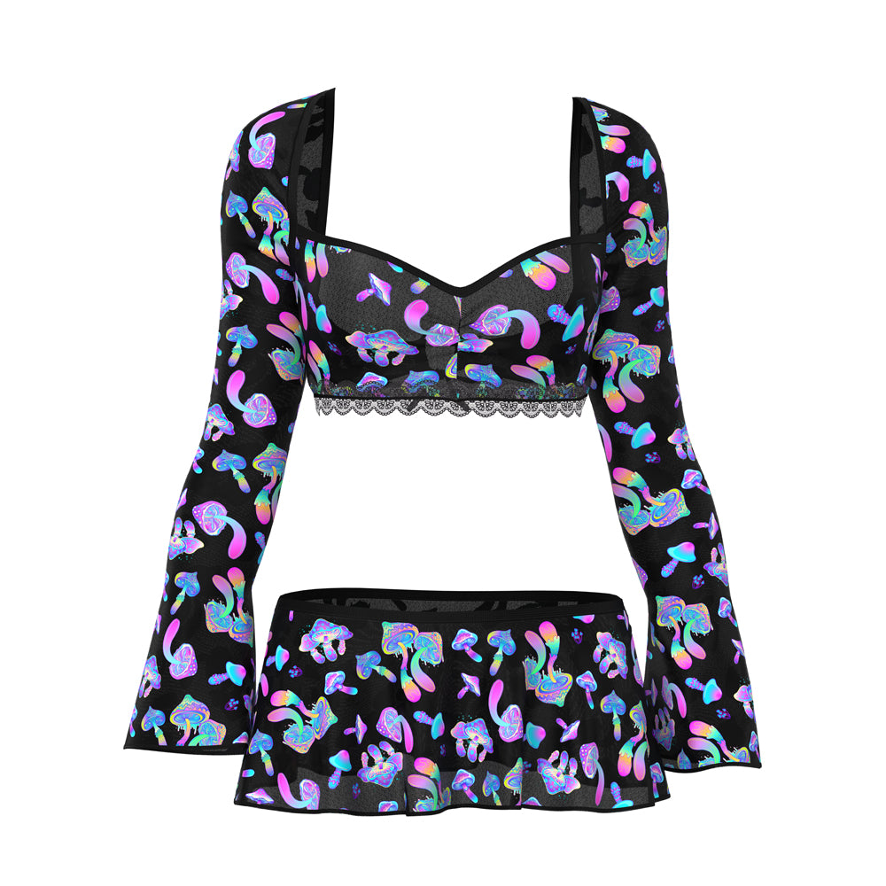 MAGIC SILK - CONJUNTO CROP TOP, FALDA Y TANGUITA HAZY DAYZ HONGOS S/M