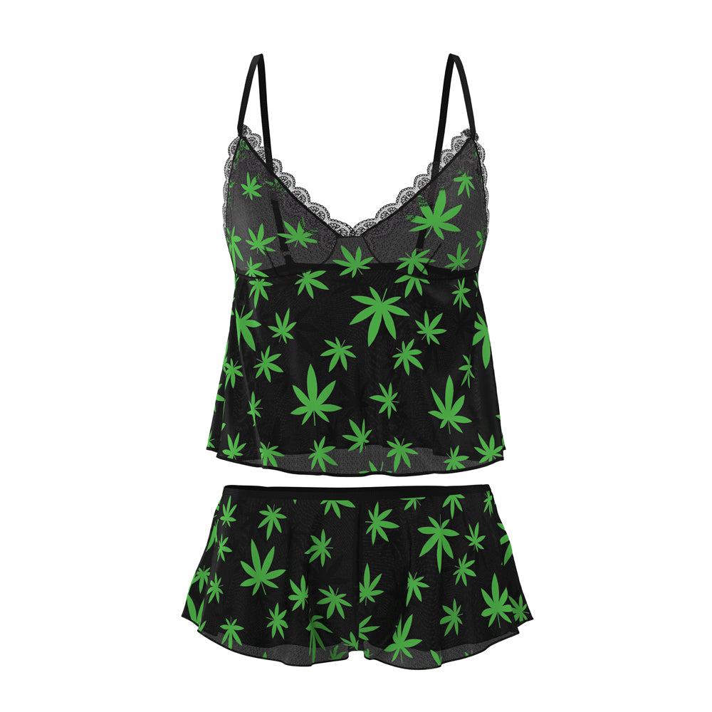 MAGIC SILK HAZY DAYZ CAMI & SHORT SET POT LEAF S/M