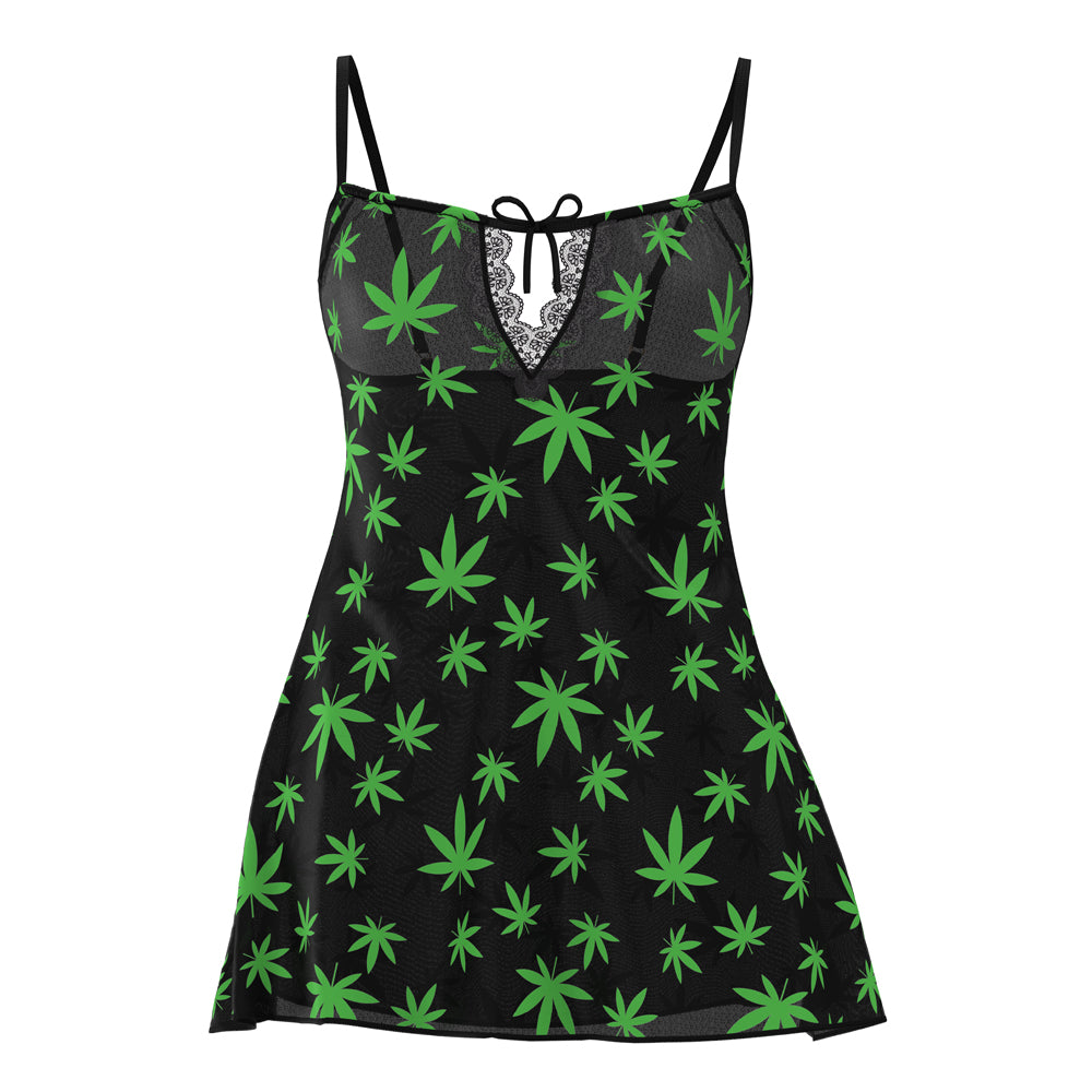 MAGIC SILK - HAZY DAYZ DRESS & G-STRING SET POT LEAF L/XL