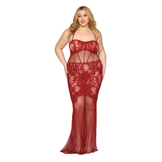 DREAMGIRL LACE BODYSTOCKING GOWN WITH BUSTIER DETAIL OXBLOOD QUEEN SIZE