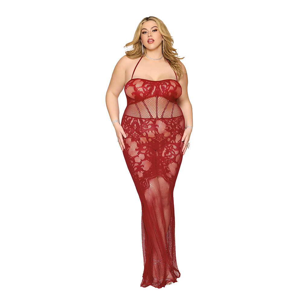 DREAMGIRL LACE BODYSTOCKING GOWN WITH BUSTIER DETAIL OXBLOOD QUEEN SIZE
