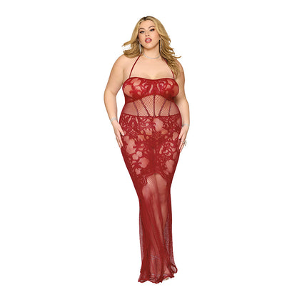 DREAMGIRL LACE BODYSTOCKING GOWN WITH BUSTIER DETAIL OXBLOOD QUEEN SIZE