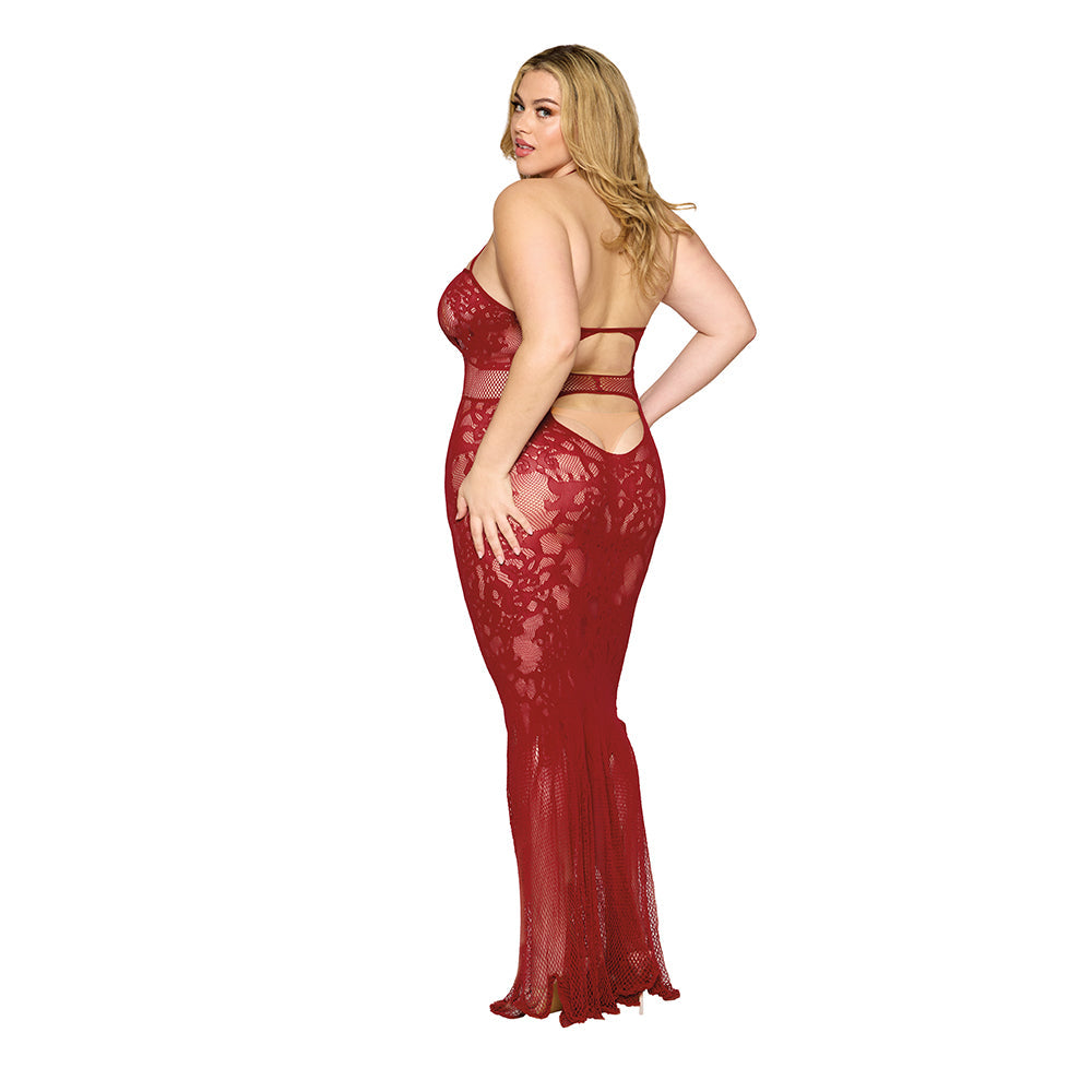 DREAMGIRL LACE BODYSTOCKING GOWN WITH BUSTIER DETAIL OXBLOOD QUEEN SIZE