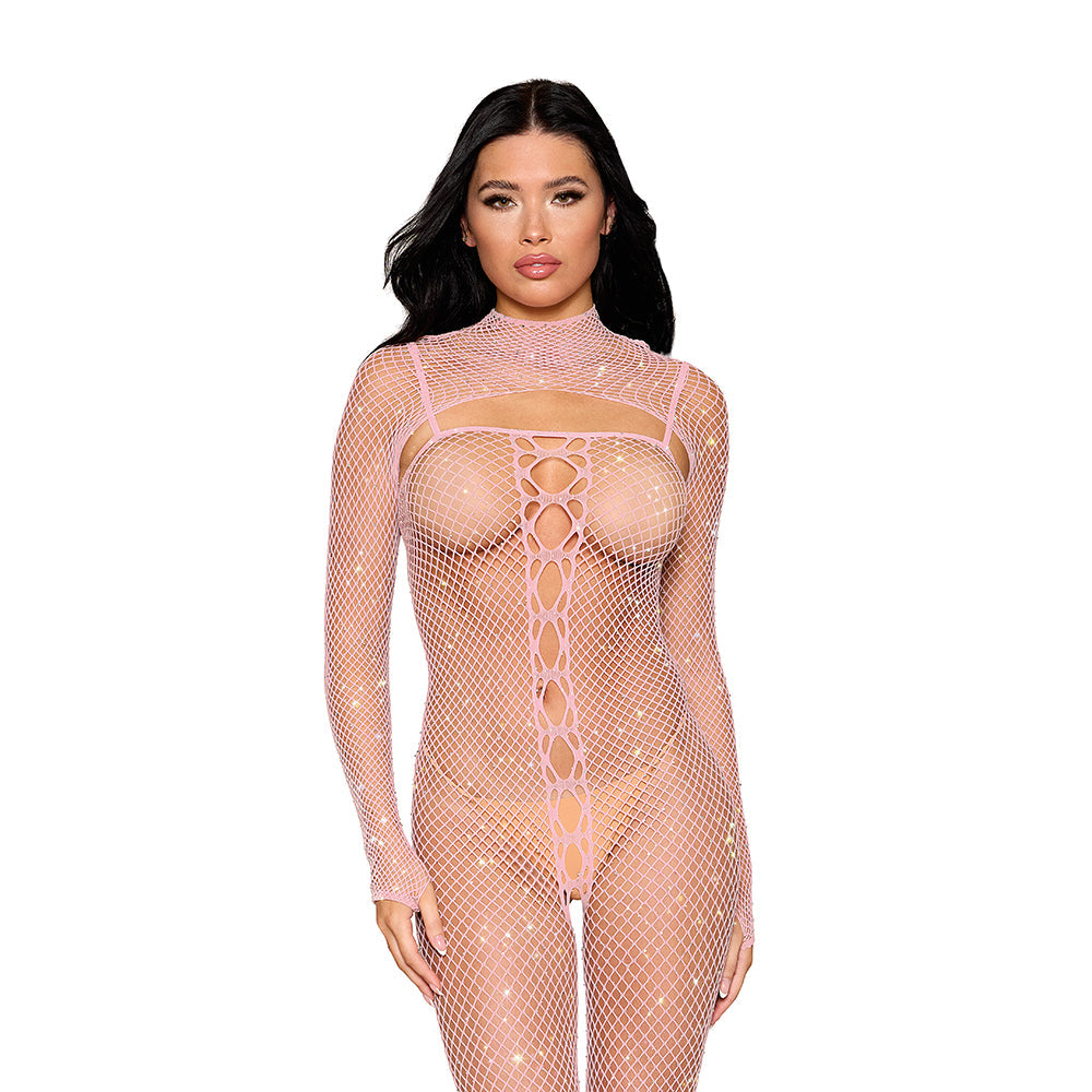 DREAMGIRL FISHNET BODYSTOCKING AND SHRUG ROSE QUARTZ O/S