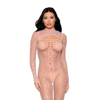 DREAMGIRL FISHNET BODYSTOCKING AND SHRUG ROSE QUARTZ O/S