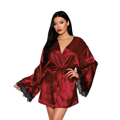DREAMGIRL OPEN BACK SATIN ROBE WITH LACE DETAIL OXBLOOD M