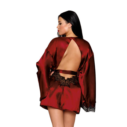 DREAMGIRL OPEN BACK SATIN ROBE WITH LACE DETAIL OXBLOOD M