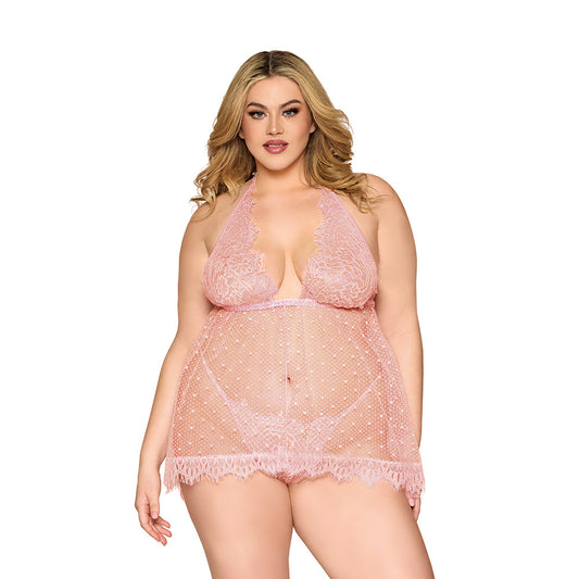 DREAMGIRL - BABYDOLL DE MALLA CON ENCAJE Y LUNARES Y TANGA CUARZO ROSA 2XL