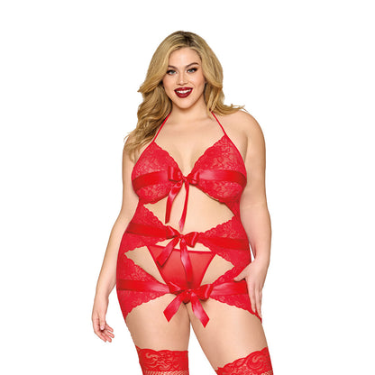 DREAMGIRL GARTER SLIP WITH BOW DETAIL AND G-STRING RED QUEEN SIZE