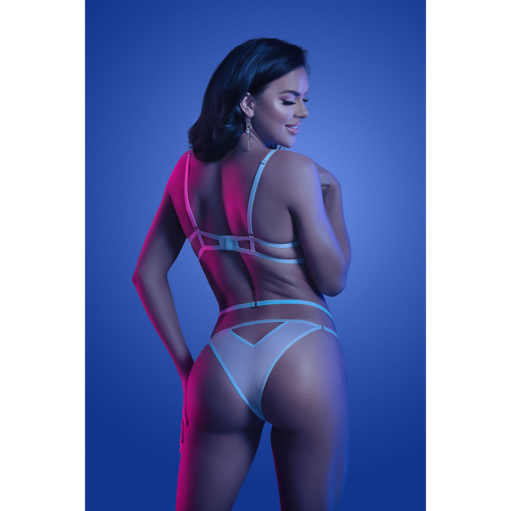 FANTASY LINGERIE GLOW PRISMATIC IRIDESCENT GLOW-IN-THE-DARK CUT-OUT CUP BRA & CAGE PANTY S/M