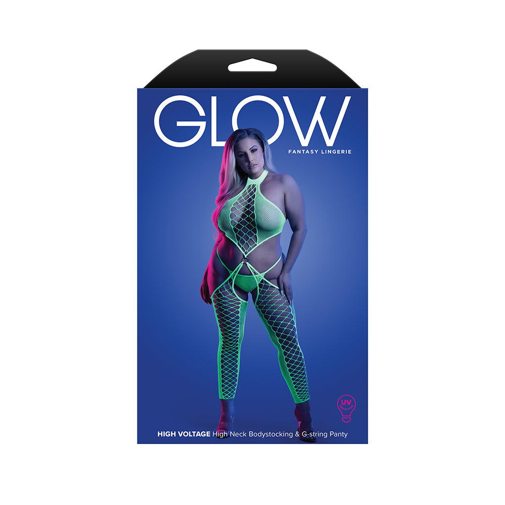 FANTASY LINGERIE GLOW HIGH VOLTAGE UV REACTIVE HIGH NECK BODYSTOCKING & G-STRING PANTY QUEEN SIZE