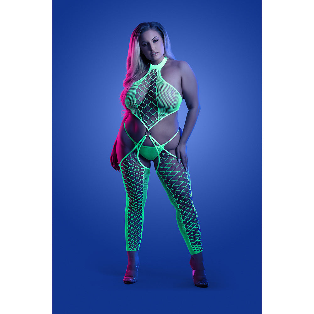 FANTASY LINGERIE GLOW HIGH VOLTAGE UV REACTIVE HIGH NECK BODYSTOCKING & G-STRING PANTY QUEEN SIZE