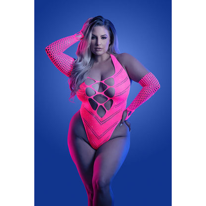 FANTASY LINGERIE GLOW FLASHBACK UV REACTIVE RHINESTONE FISHNET TEDDY & GLOVES/WARMERS QUEEN SIZE
