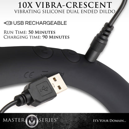 MASTER SERIES 10X VIBRA-CRESCENT VIBRATING SILICONE DUAL ENDED DILDO BLACK