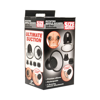 XR BRANDS - SIZE MATTERS 10X ROTATING SILICONE NIPPLE SUCKERS WITH 4 ATTACHMENTS BLACK