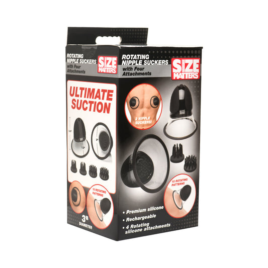 XR BRANDS - SIZE MATTERS 10X ROTATING SILICONE NIPPLE SUCKERS WITH 4 ATTACHMENTS BLACK