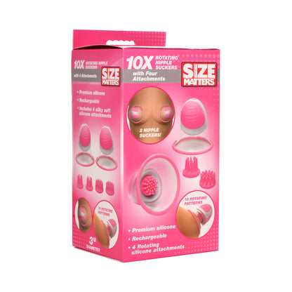 SIZE MATTERS 10X ROTATING SILICONE NIPPLE SUCKERS WITH 4 ATTACHMENTS PINK