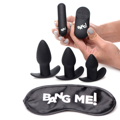 BANG! BACKDOOR ADVENTURE 3-PIECE BUTT PLUG SET, BULLET & BLINDFOLD KIT BLACK