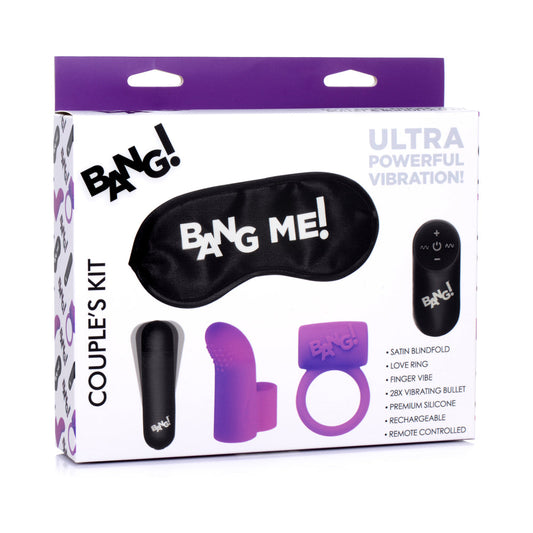 BANG! COUPLE''S LOVE RING, FINGER VIBE, BULLET & BLINDFOLD KIT PURPLE