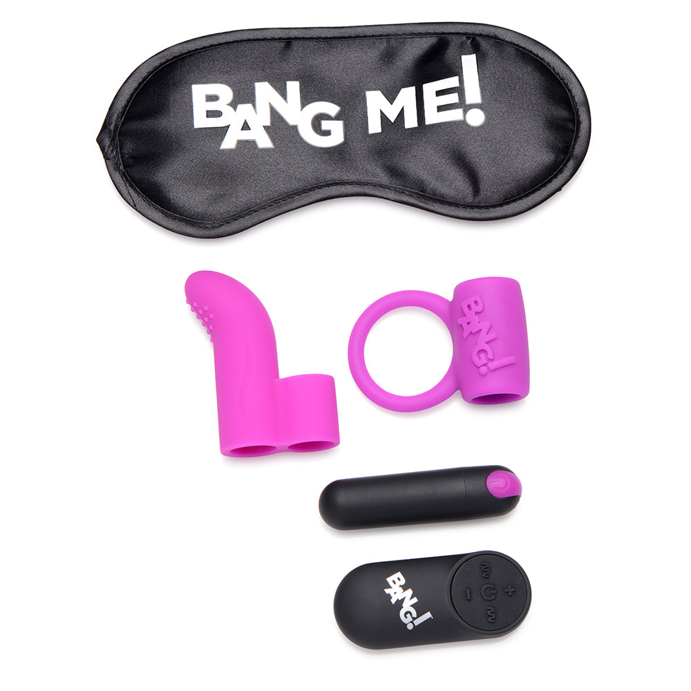BANG! COUPLE''S LOVE RING, FINGER VIBE, BULLET & BLINDFOLD KIT PURPLE