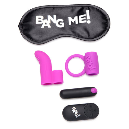 BANG! COUPLE''S LOVE RING, FINGER VIBE, BULLET & BLINDFOLD KIT PURPLE