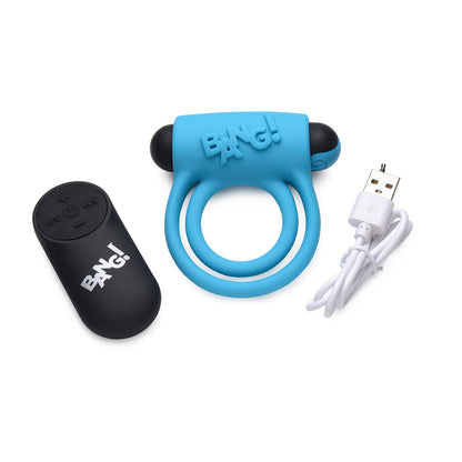 BANG! SILICONE COCK RING & BULLET WITH REMOTE CONTROL BLUE