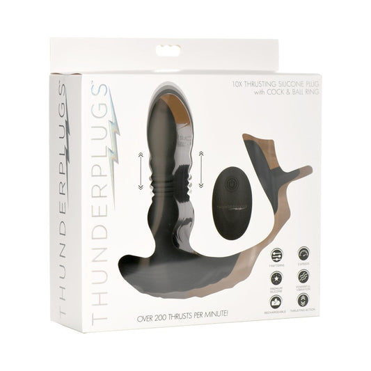 XR BRANDS - THUNDERPLUGS 10X VIBRATEUR EN SILICONE À MOUVEMENTS DE VA-ET-VIENT AVEC HARNAIS PÉNIEN ET TESTICULAIRE ET TÉLÉCOMMANDE