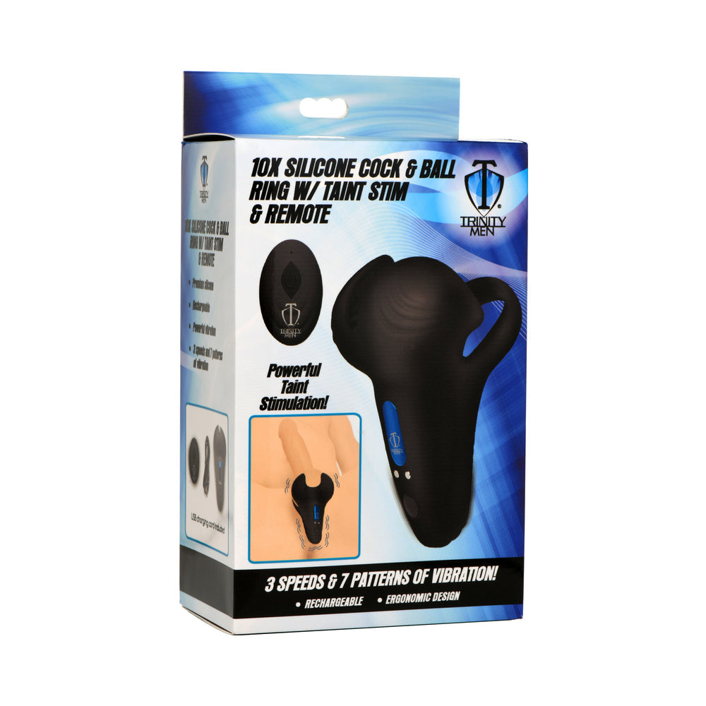 XR BRANDS - TRINITY MEN 10X SILICONE COCK & BALL RING WITH TAINT STIM AND REMOTE CONTROL