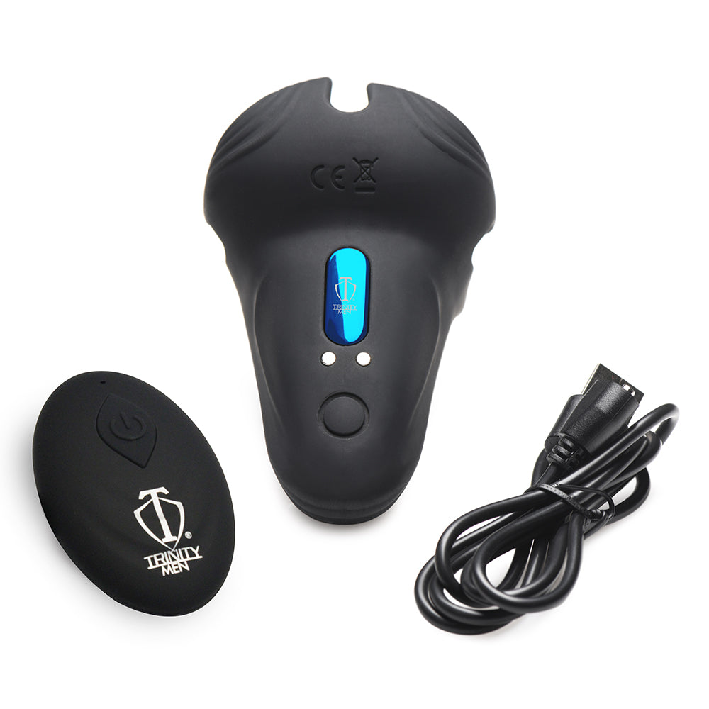 TRINITY MEN 10X SILICONE COCK & BALL RING WITH TAINT STIM AND REMOTE CONTROL