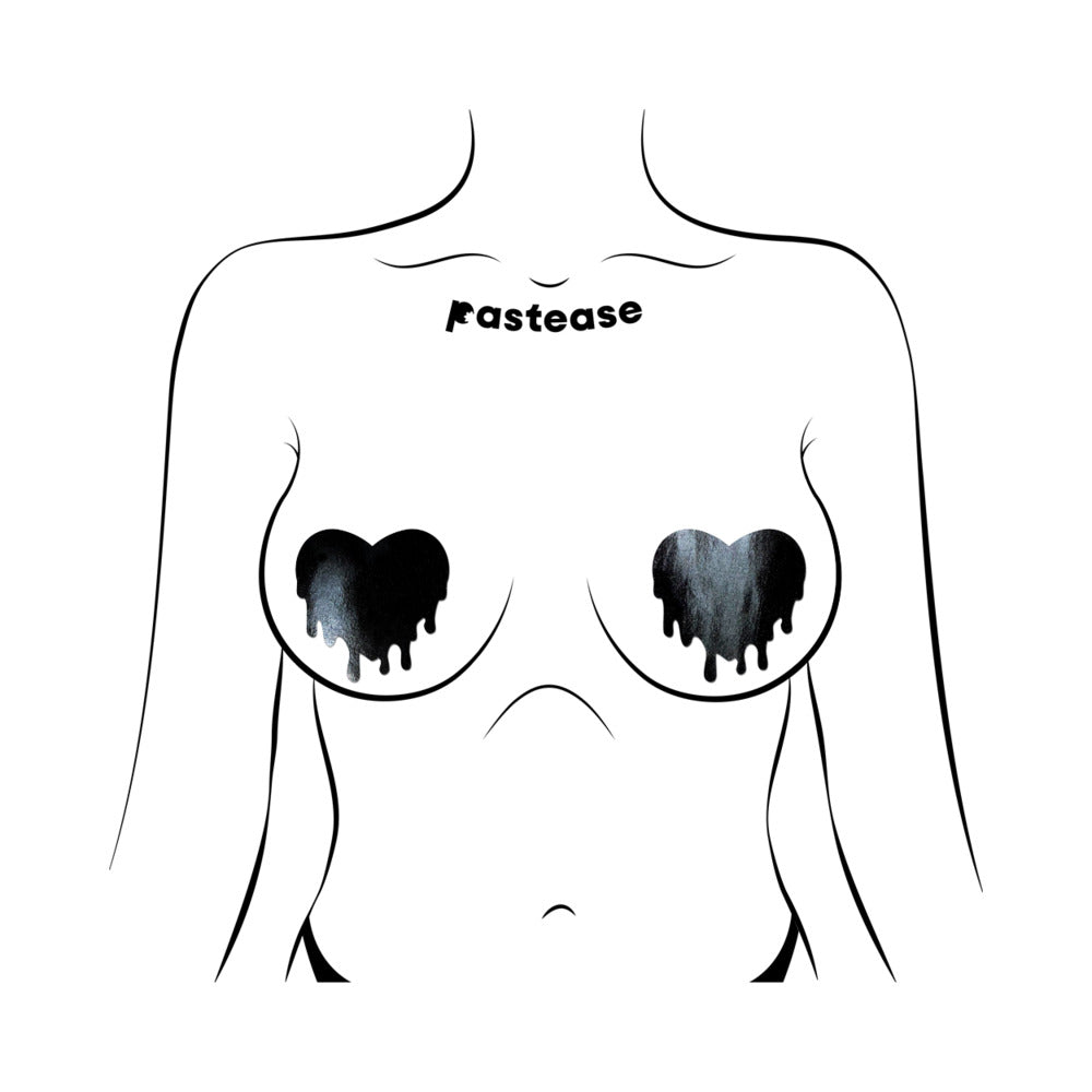 PASTEASE FAUX LATEX PLEATHER VINYL BLACK MELTY HEART NIPPLE PASTIES