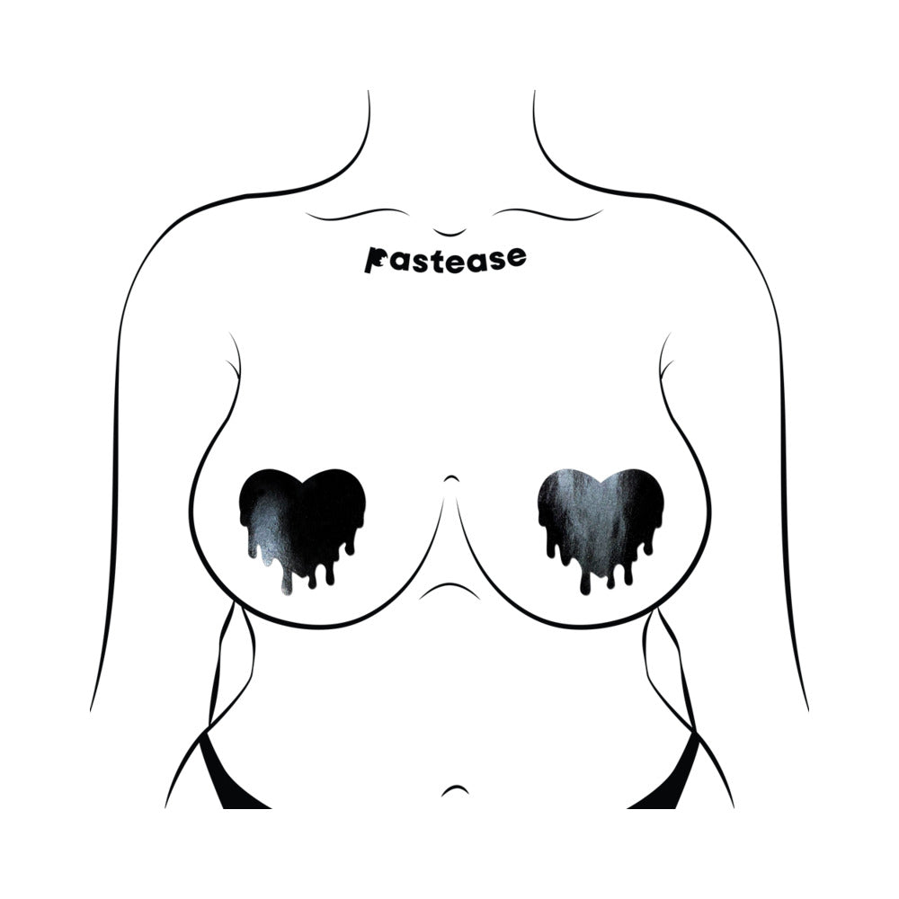 PASTEASE FAUX LATEX PLEATHER VINYL BLACK MELTY HEART NIPPLE PASTIES