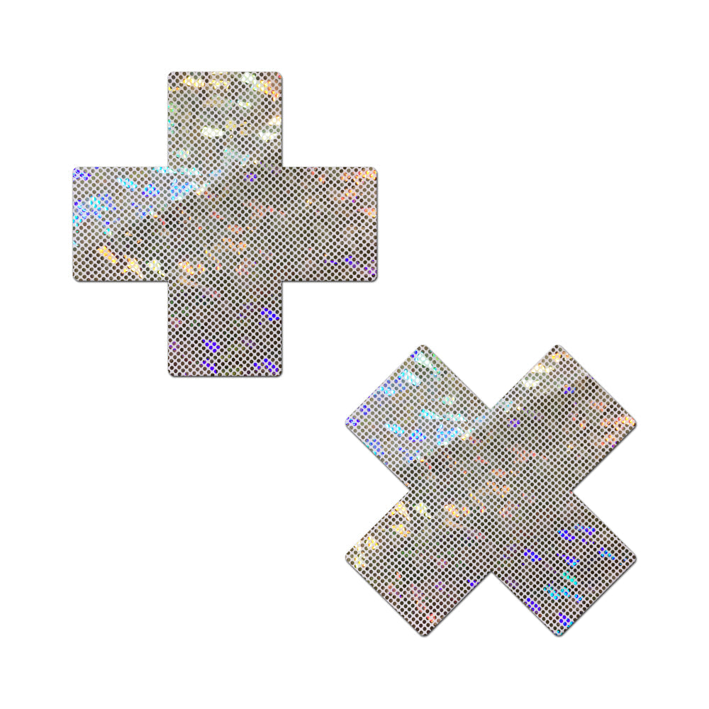 PASTEASE - PLUS X SHATTERED GLASS DISCO BALL GLITTER WHITE CROSS NIPPLE PASTIES